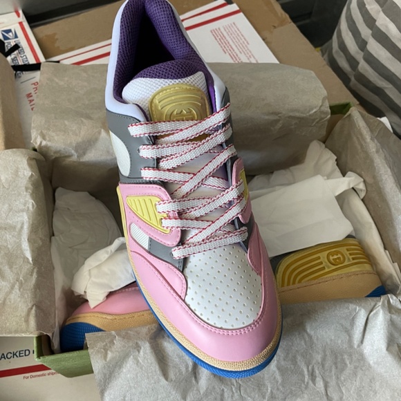 NEW GUCCI Basket Panelled Low-Top Sneaker in Pastel Pink Yellow White Demetra 40 - Picture 9 of 14